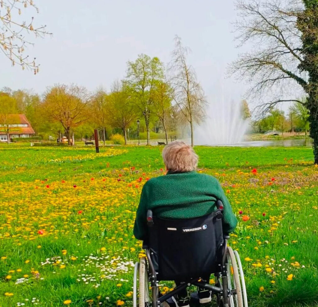 Person im Rollstuhl vor einer blühenden Parkanlage mit Springbrunnen